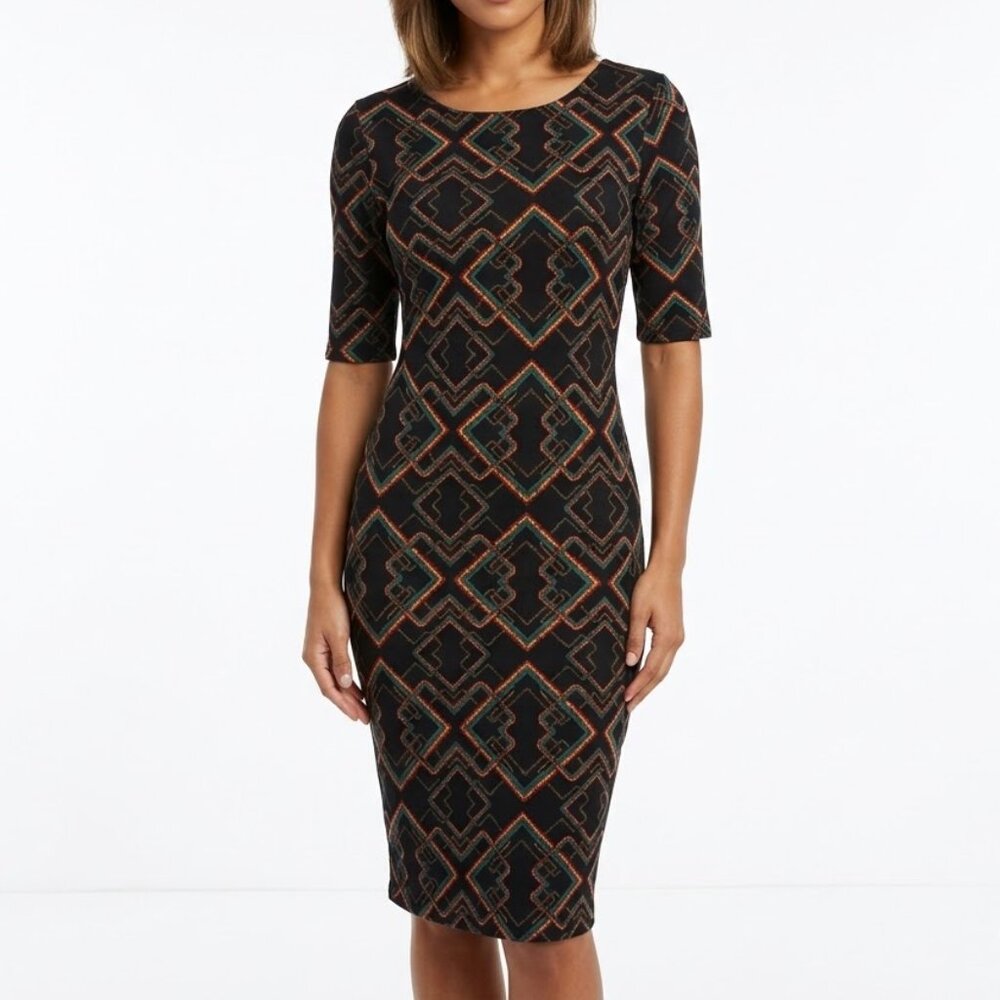 LuLaRoe Julia Geometric Midi Dress M - Cyber Boho Bodycon Sheath